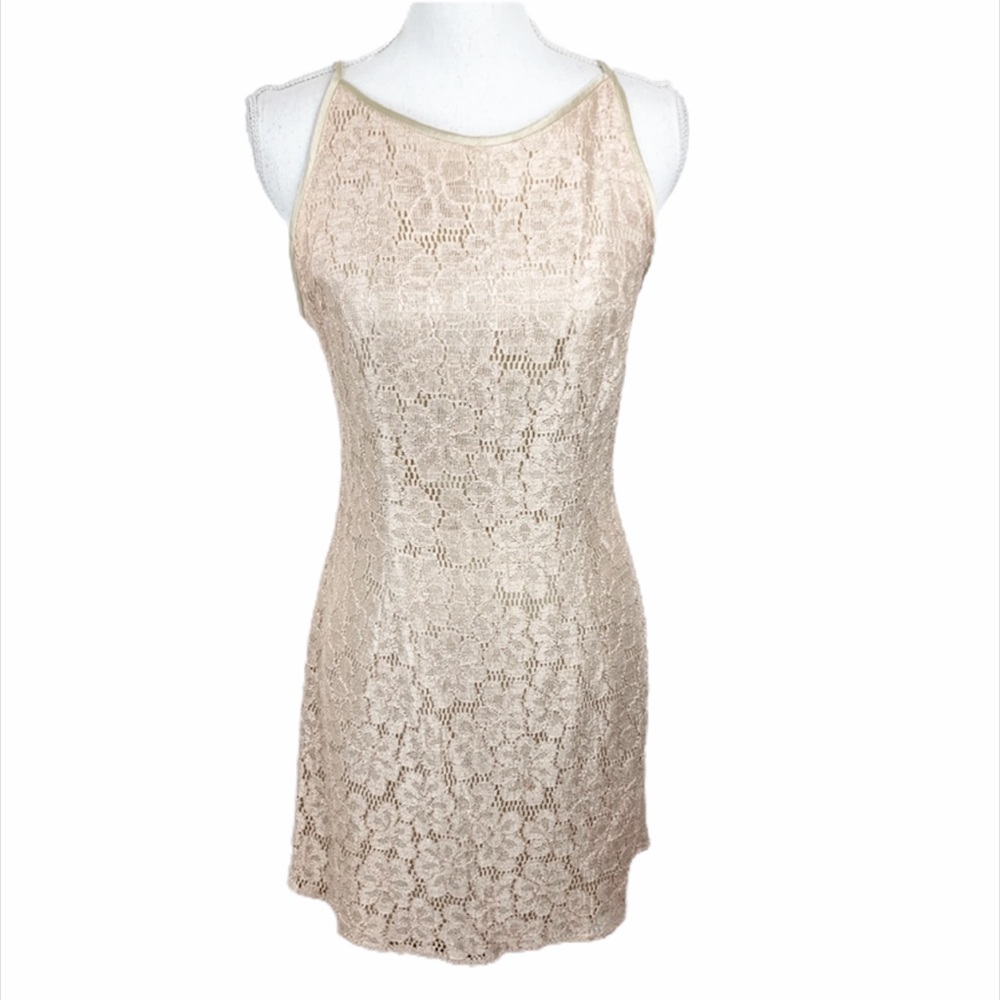 Vintage Jessica McClintock Gunne Sax Dress Women Medium Nude Beige Floral Lace